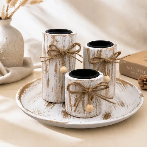 Set Portacandela in Legno Antico Nordico Con Vassoio Portacandele a Colonna Bianco Invecchiato Per Decorazione Casa Festa Matrimonio