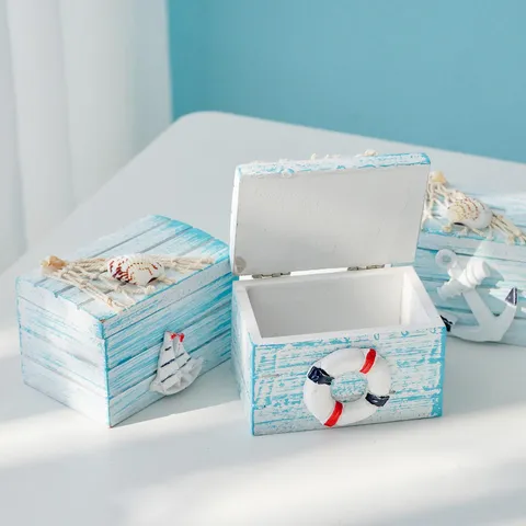 Caja de Almacenamiento de Madera Estilo Mediterráneo Organizador Decorativo Tema Playa Océano Con Elementos Marinos Regalo Artesanía Decoración Hogar