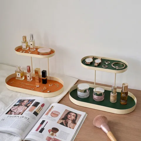 Scaffale Portaoggetti per Cosmetici in Ferro a Doppio Strasso Organizer da Scrivania Vassoio da Trucco per Bagno