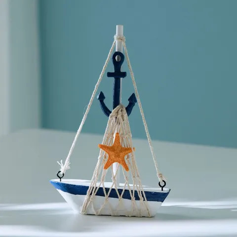 Figurina Barca a Vela in Legno Mediterraneo Modello Nave Nautica Soprammobile Decorazione Casa