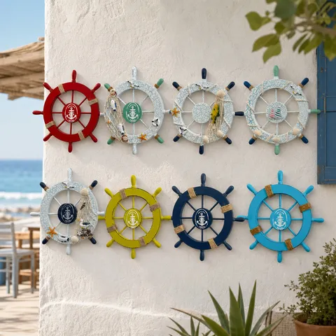 Timone di Nave in Legno Mediterraneo Appeso a Parete Invecchiato Screpolato Marinaio Decorazione Nautica per Casa