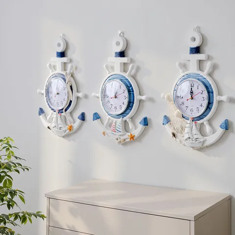 Mediterranean Style Wooden Anchor Wall Clock Nautical Sailboat Decorative Hanging Clock For Home Living Room Decor