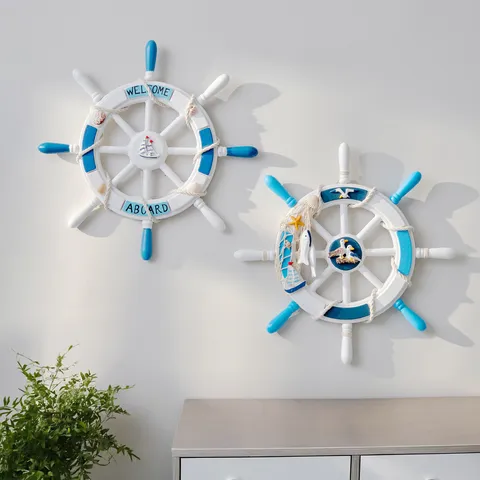 Stile Mediterraneo Timone di Nave in Legno Decorazione da Appendere a Parete Nautico Invecchiato Ornamento per Stanza Bar Casa