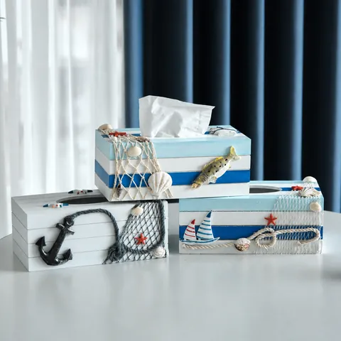 Scatola per Fazzoletti in Legno Mediterranea Organizzatore da Scrivania Nautico Barca a Vela Conchiglia Supporto per Carta Decorativo Arredamento Casa