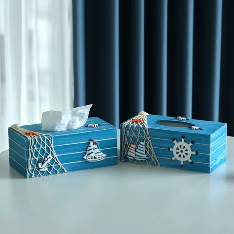 Scatola per Fazzoletti in Legno Mediterranea Organizzatore da Scrivania Nautico Barca a Vela Conchiglia Supporto per Carta Decorativo Arredamento Casa
