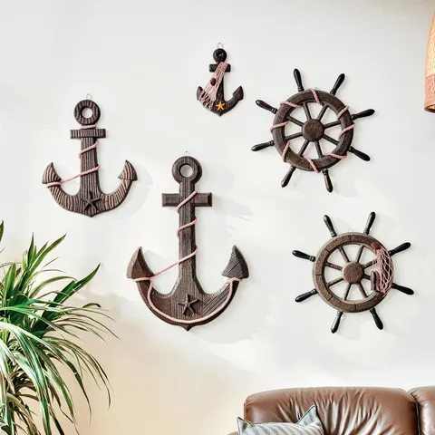 Stile Mediterraneo Retro Invecchiato Legno Timone di Nave Ancora Salvagente Ornamento Sospeso Parete Decorazione Nautica
