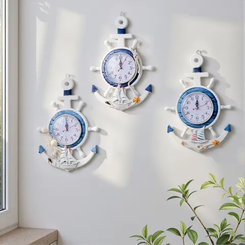 Mediterranean Style Wooden Anchor Wall Clock Nautical Sailboat Decorative Hanging Clock For Home Living Room Decor