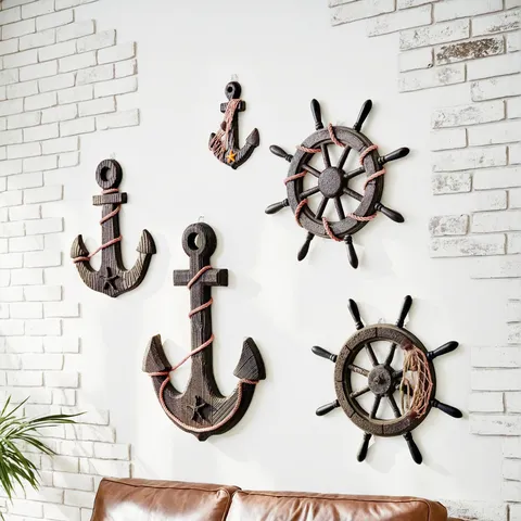 Stile Mediterraneo Retro Invecchiato Legno Timone di Nave Ancora Salvagente Ornamento Sospeso Parete Decorazione Nautica