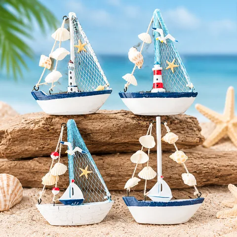 Modello di Mini Barca a Vela Mediterranea Figura Nautica in Legno Faro Conchiglia Artigianato Casa Tavolo Scrivania Decorazione