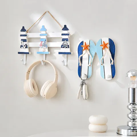 Estilo Mediterráneo Gancho de Pared de Madera Colgador Creativo de Entrada Tema de Playa Decoración del Hogar