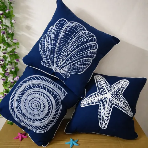 Mediterraner Stil Quadratisch Zierkissen Blau Baumwolle Segeltuch Kissen Mit Muschel Schnecke Seestern Muster Für Wohnzimmer Sofa Dekor