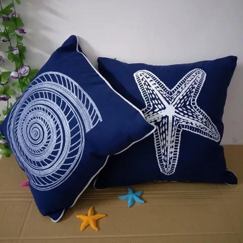 Mediterraner Stil Quadratisch Zierkissen Blau Baumwolle Segeltuch Kissen Mit Muschel Schnecke Seestern Muster Für Wohnzimmer Sofa Dekor