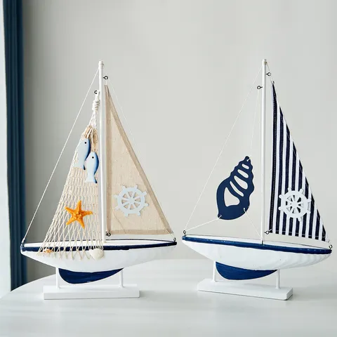 Adorno de Velero de Madera Mediterráneo Modelo de Barco de Lona Retro con Base para el Hogar Oficina Escritorio Decoración Minimalista