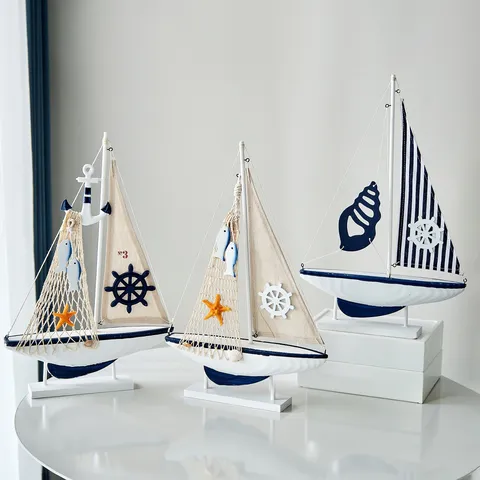 Adorno de Velero de Madera Mediterráneo Modelo de Barco de Lona Retro con Base para el Hogar Oficina Escritorio Decoración Minimalista