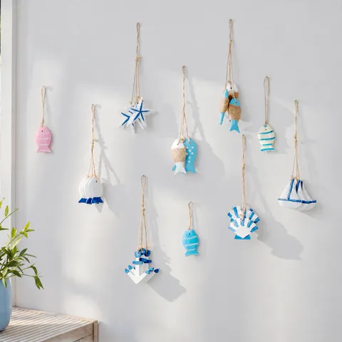Stile Mediterraneo Elementi Marini in Legno Ciondolo da Parete Piccolo Pesce Stella Marina Barca a Vela Ancora Decorazione Stanza