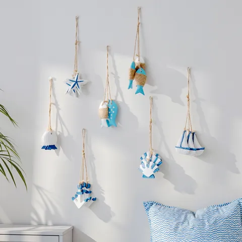 Stile Mediterraneo Elementi Marini in Legno Ciondolo da Parete Piccolo Pesce Stella Marina Barca a Vela Ancora Decorazione Stanza