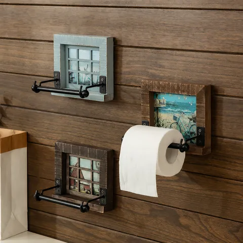 Portarotolo Retro in Ghisa e Legno a Parete Dispenser di Carta Igienica