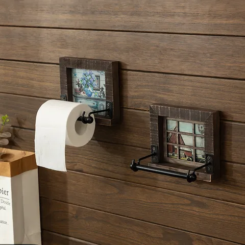 Portarotolo Retro in Ghisa e Legno a Parete Dispenser di Carta Igienica