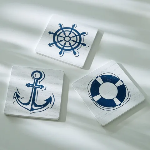 Marine Nautical Style Wooden Table Coasters Heat Insulation Mat Set For Kitchen Dining Room Coffee Cup Protection