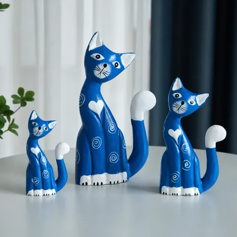 Ornamenti da Tavolo per Famiglia di Gatti in Legno in Stile Nordico Mediterraneo Simpatiche Figure di Animali Dipinte a Mano Regali di Arredamento per la Casa