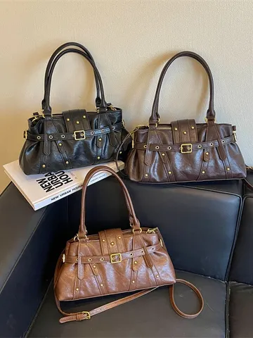 Vintage PU Leder Umhängetasche Für Damen Retro Nieten Gürtel Dekoration Handtasche Nischen Design Y2K Stil Kleine Schultertasche Tasche