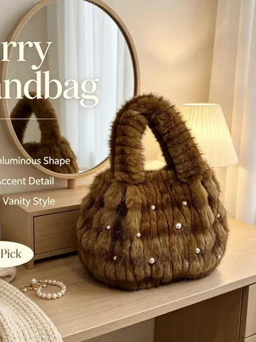 Bolso de mano de peluche vintage para mujer bolsa de compras de piel sintética esponjosa decorada con perlas bolso de hombro suave de invierno