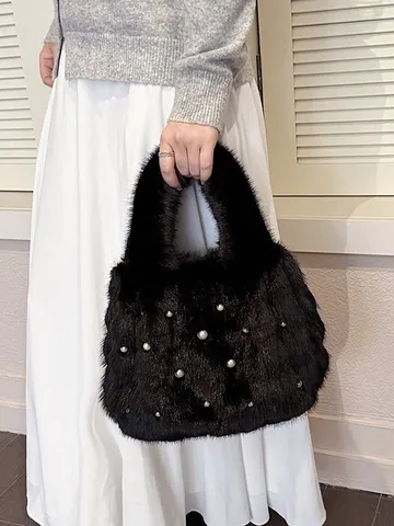 Bolso de mano de peluche vintage para mujer bolsa de compras de piel sintética esponjosa decorada con perlas bolso de hombro suave de invierno