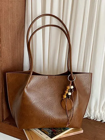 Bolso Tote Vintage de Gran Capacidad para Mujer Cuero PU Bolso de Hombro Casual para Trabajo Viaje Bolso Shopper con Colgante de Cuentas de Madera