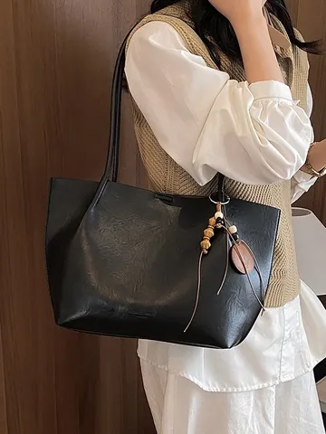 Bolso Tote Vintage de Gran Capacidad para Mujer Cuero PU Bolso de Hombro Casual para Trabajo Viaje Bolso Shopper con Colgante de Cuentas de Madera