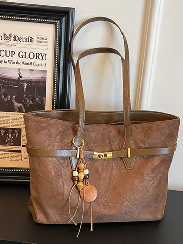 Women Large Capacity Tote Bag PU Leather Pleated Texture Fashion Casual Shoulder Bag With Belt Buckle Pendant Daily Travel Purse