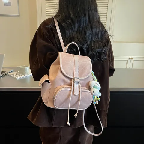 Women Fashion PU Leather Denim Splicing Backpack Large Capacity Casual Travel School Bag Drawstring Flip Cover Stylish Daypack