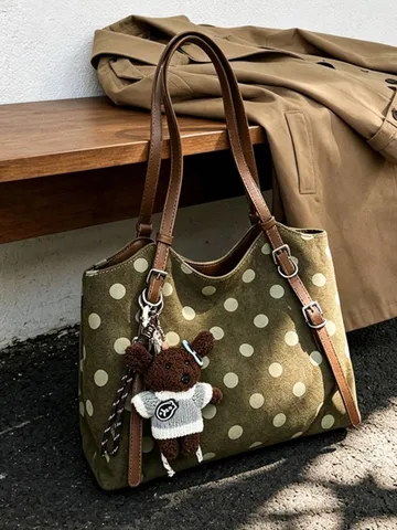 Bolso Tote de Mujer Gran Capacidad de Lunares en Cuero PU Bolso de Hombro para Viajes Diarios Con Colgante de Oso Bolso Vintage