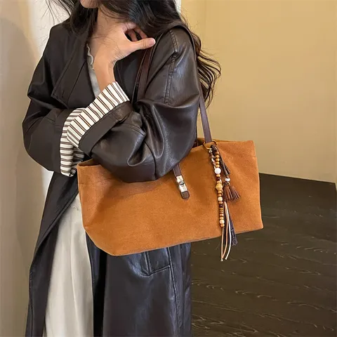Vintage Casual Gran Capacidad Bolso Tote de Ante Estampado de Leopardo Bolso de Hombro Mujer Bolso de Commuter Retro Suave