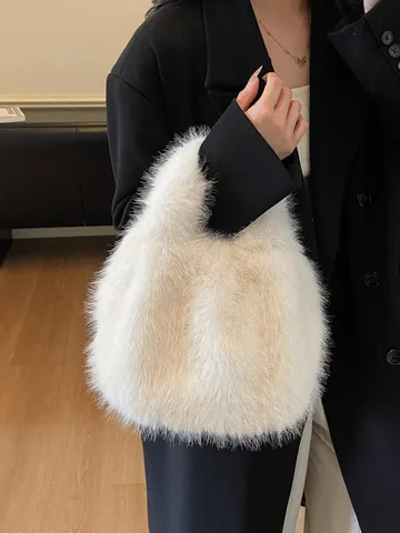 Bolso Tote de Peluche de Moda para Mujer Piel Sintética Gran Capacidad Bolso de Mano Otoño Invierno Casual Color Sólido