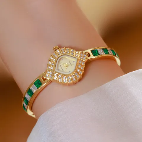BS Bee Sister Montre Bracelet de Luxe Rétro pour Femmes avec Strass et Pierres Précieuses Montre à Quartz Or Argent Bijoux Cadeau