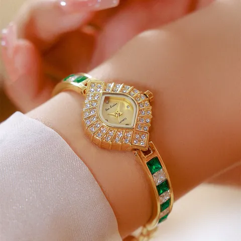 BS Bee Sister Montre Bracelet de Luxe Rétro pour Femmes avec Strass et Pierres Précieuses Montre à Quartz Or Argent Bijoux Cadeau