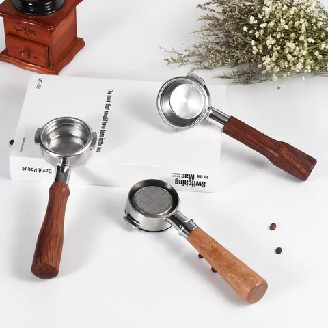 Coffee Machine Bottomless Portafilter Double Ear Stainless Steel Handle With Wood Grip Barista Tool