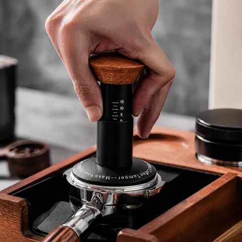 Adjustable Coffee Tamper With Walnut Wood Handle And Stainless Steel Base Constant Pressure Spring Loaded Barista Tool