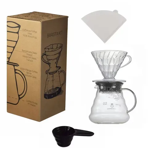 Pour Over Coffee Maker Set With Glass Dripper Coffee Server Pot Paper Filters And Spoon Barista Coffee Brewing Kit