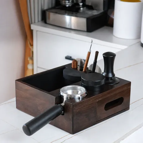 Multi-Functional Walnut Wood Coffee Tamper Station With Knock Box Coffee Distributor Storage Rack Home Office Coffee Shop Barista Tool