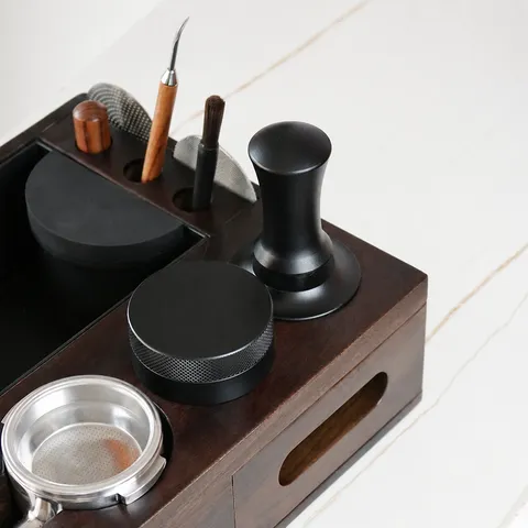 Multi-Functional Walnut Wood Coffee Tamper Station With Knock Box Coffee Distributor Storage Rack Home Office Coffee Shop Barista Tool