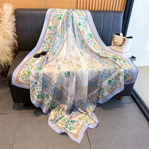 Large Satin Square Scarf Floral Rabbit Print Silk Like Shawl Sun Protection Bandana For Women Elegant Fashion Scarf