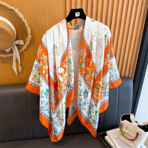 Large Satin Square Scarf Floral Rabbit Print Silk Like Shawl Sun Protection Bandana For Women Elegant Fashion Scarf
