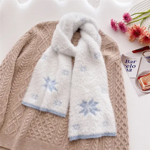 Dames Winter Warm Kunstbont Sjaal Schattig Dier Bloem Patronen Zachte Gebreide Lange Sjaal Paar Casual Nekomslag