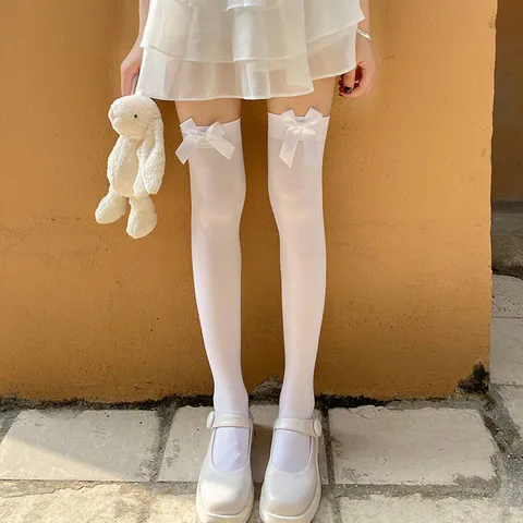 Lolita Bowknot Thigh High Socks For Women Japanese Style Velvet White Stockings Over The Knee High Tube Socks For Students