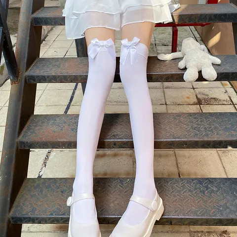 Lolita Bowknot Thigh High Socks For Women Japanese Style Velvet White Stockings Over The Knee High Tube Socks For Students