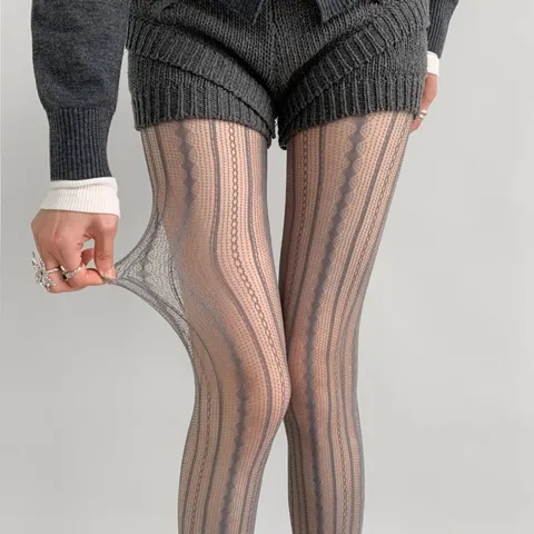 Womens Thin Hollow Striped Pantyhose Sexy Vertical Jacquard Lace Cable Knit Slimming Tights Ladies Fashion Hosiery