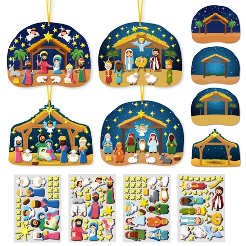Nativity Scene DIY Sticker Set Kids Christmas Manger Story Embossed Bubble Stickers Religious Jesus Birth Hanging Ornament Decor