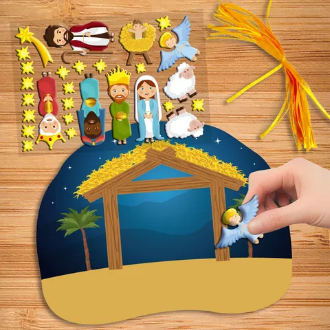Nativity Scene DIY Sticker Card Cartoon Christmas Tree Hanging Ornament 3D Relief Sticker Kids Festive Craft Home Decoration