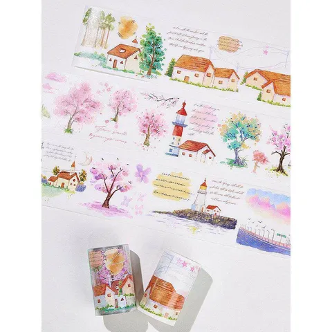 Decoratieve Washi En PET Tape Rol Gestanste Plakboek Tape Esthetische Landschap Kantoorbenodigdheden Voor Dagboek